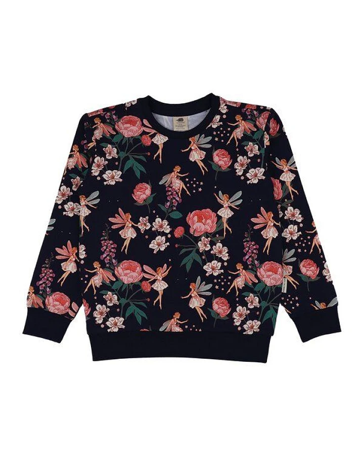 Sweatshirt Dunkelblau Feen & Blumen Allover Bio-Baumwolle GOTS – Walkiddy