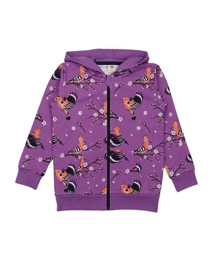 Kapuzenjacke Lila Happy Hoopoes Vögel-Allover Bio-Baumwolle GOTS – Walkiddy