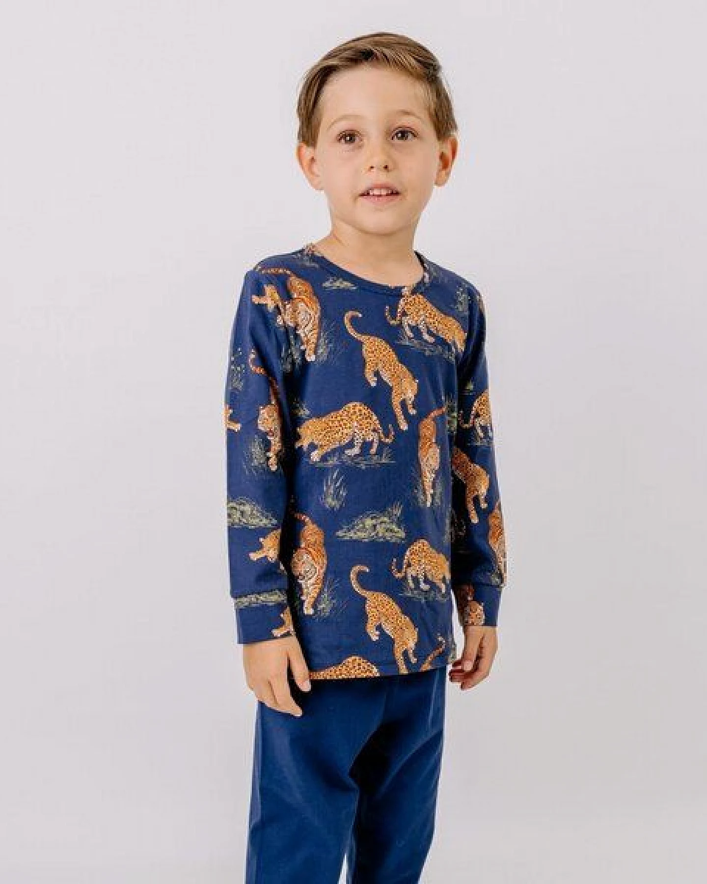 Schlafanzug Dunkelblau Tiger & Leopard Allover Bio-Baumwolle GOTS 2-teilig – Walkiddy – Ansicht 2