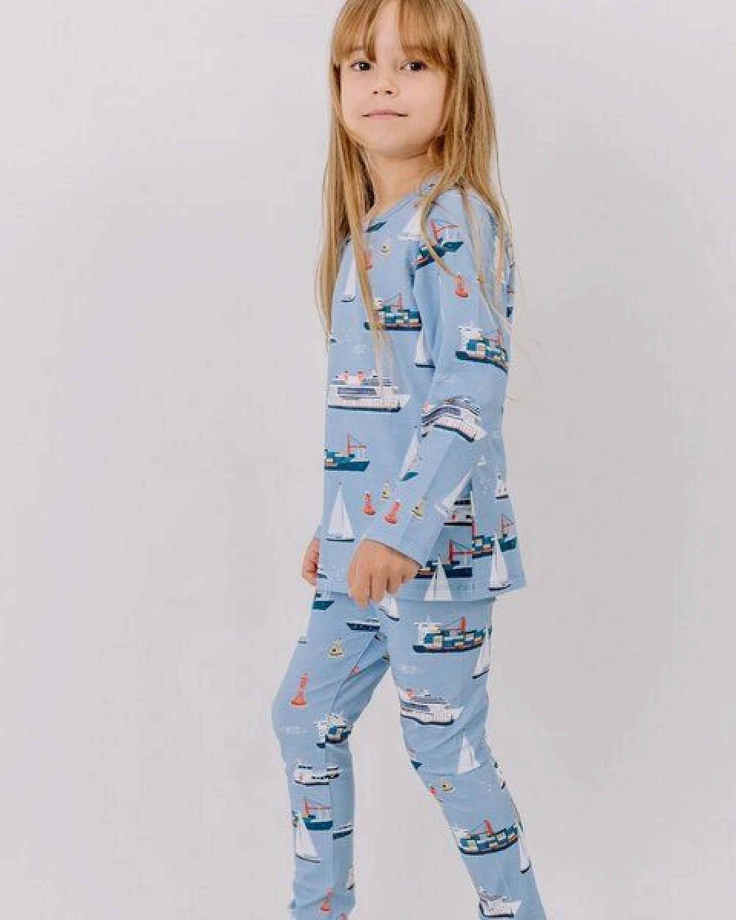 Leggings Hellblau Marine Adventures Schiffe-Allover Bio-Baumwolle GOTS – Walkiddy – Ansicht 3