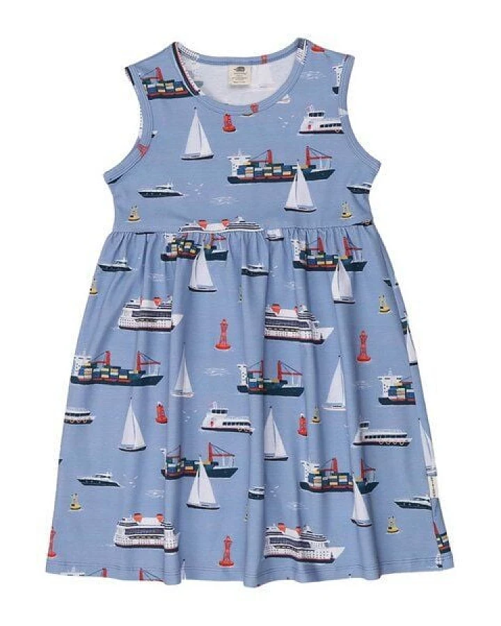 Sommerkleid ärmellos Hellblau Marine Adventures Schiffe-Allover Bio-Baumwolle GOTS – Walkiddy