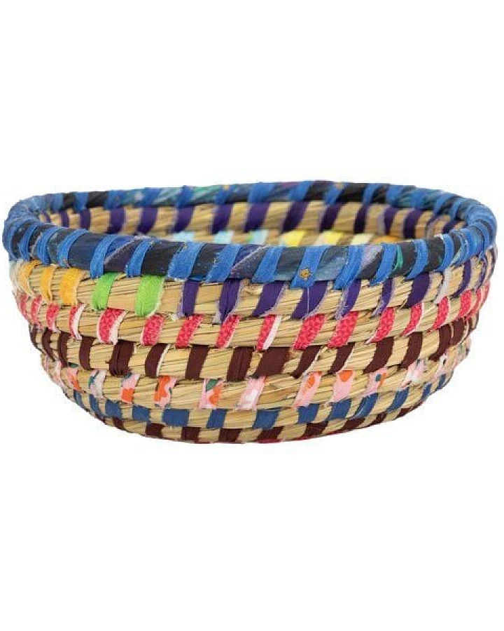 El Puente "Pastell" Korbschale aus Kaisa-Gras und Sari-Stoff