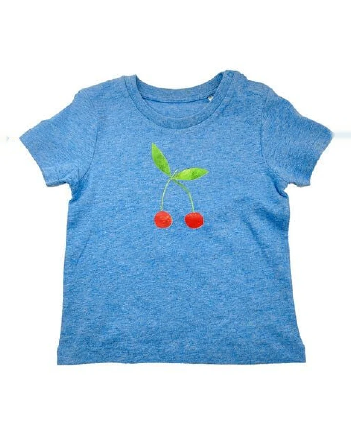 Meladi Kinder Baby-Shirt aus Biobaumwolle - Kirsche auf Heather Blue