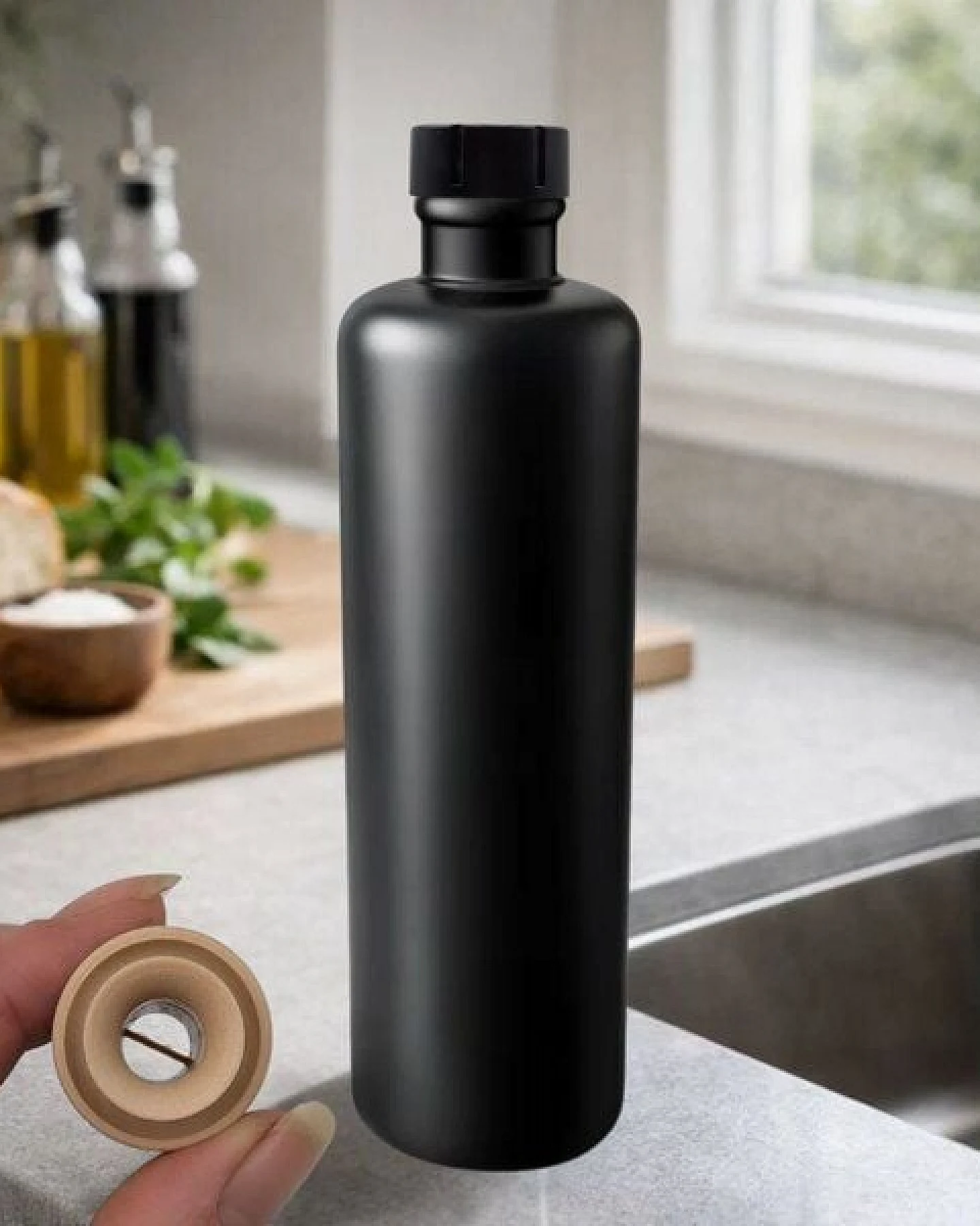 mikken Ölflasche 500 ml aus Keramik – matt schwarz mit Ausgießer & Kappe – Ansicht 3