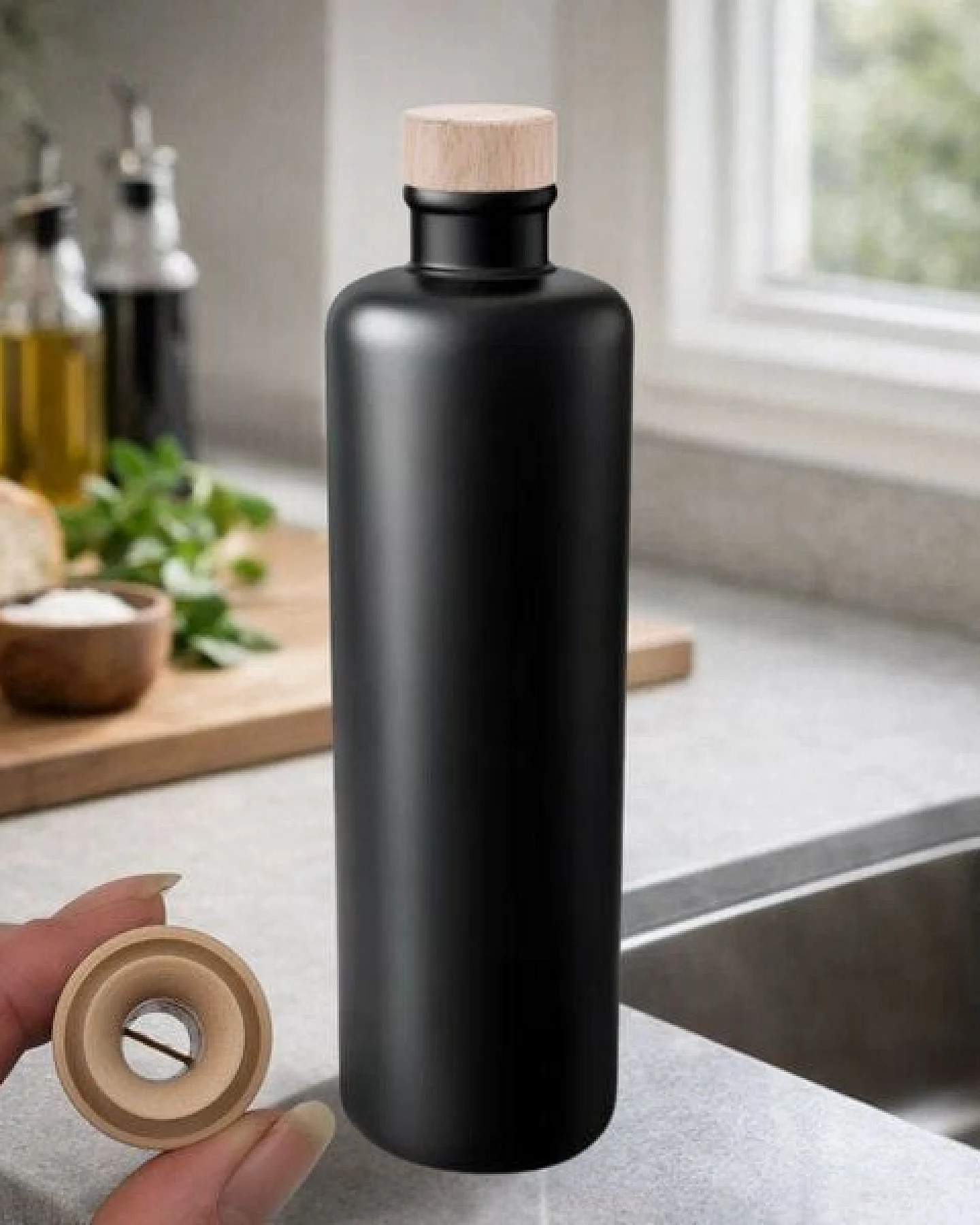 mikken Ölflasche 500 ml aus Steinzeug – matt schwarz mit Ausgießer & Holzdeckel – Ansicht 2