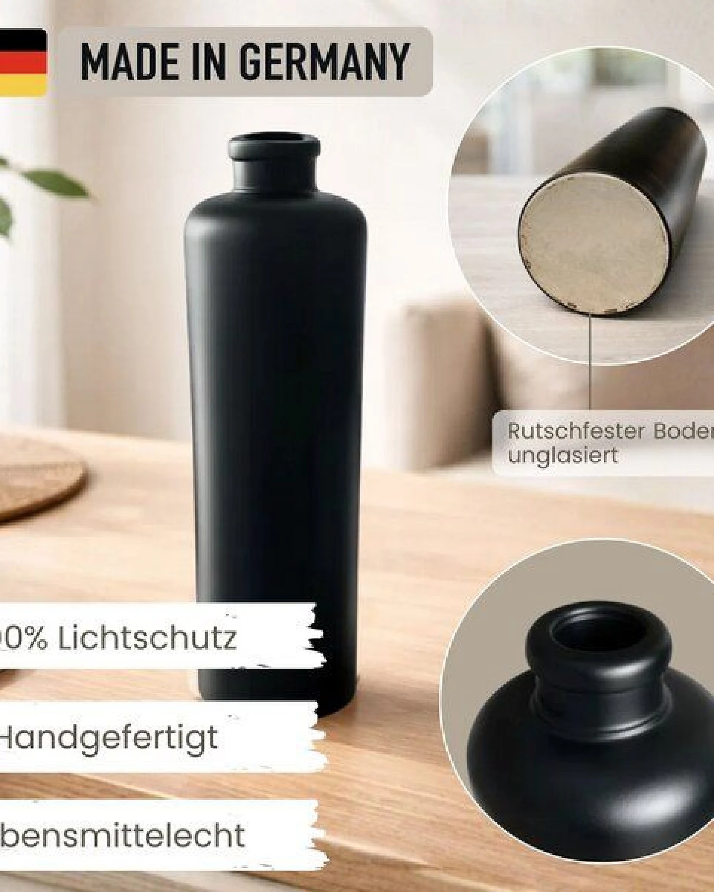 mikken Keramik-Ölflasche 500 ml – matt schwarz mit Edelstahl-Ausgießer – Ansicht 2