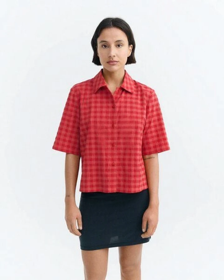 thinking mu Red Checks Seersucker Ane Blouse