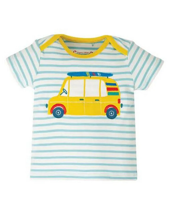Frugi T-Shirt Auto - Bobster Applique Top Bright Sky Breton Car