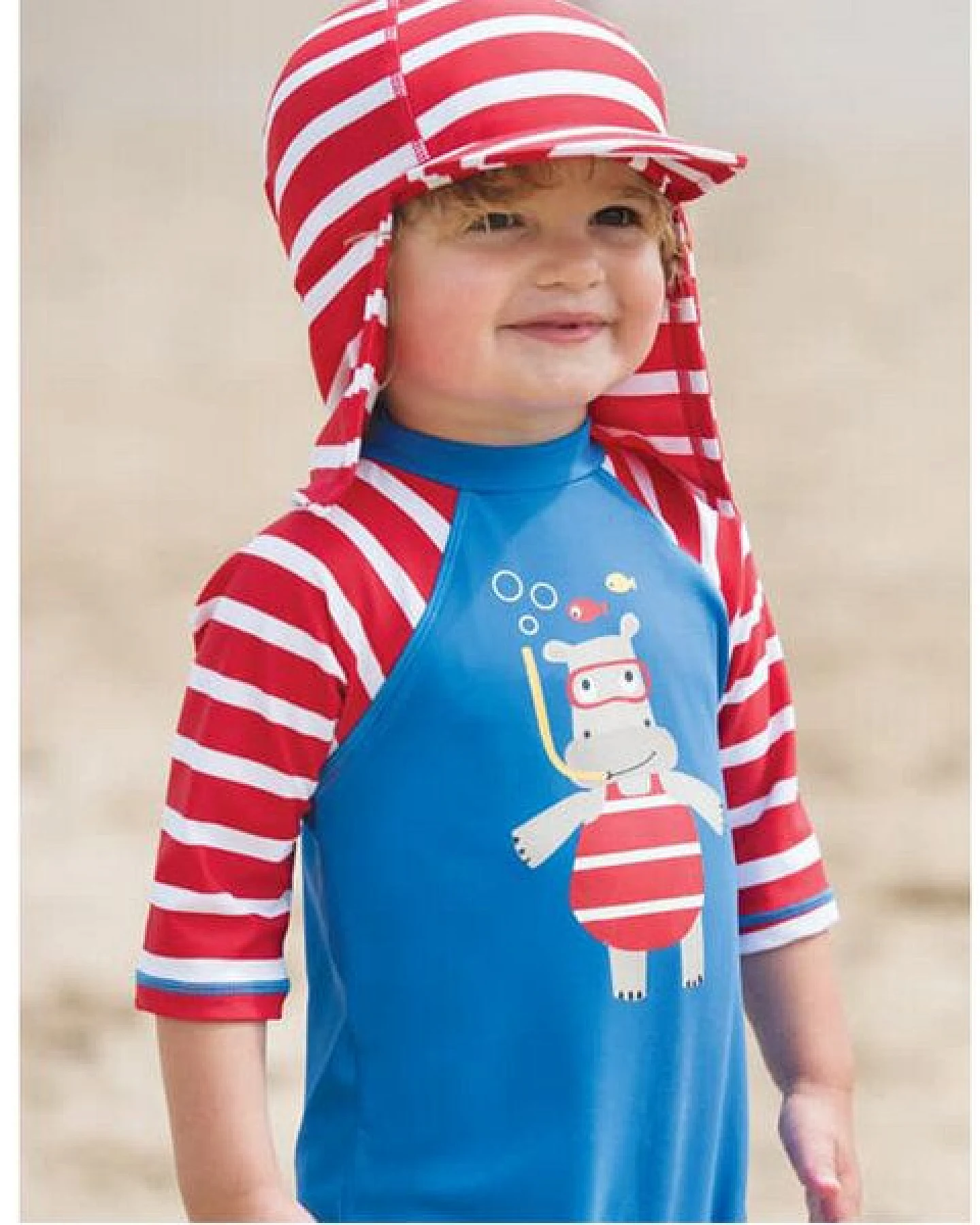 Frugi Badekappe mit Nackenschutz rot-weiß geringelt LSF 50+ – Ansicht 2