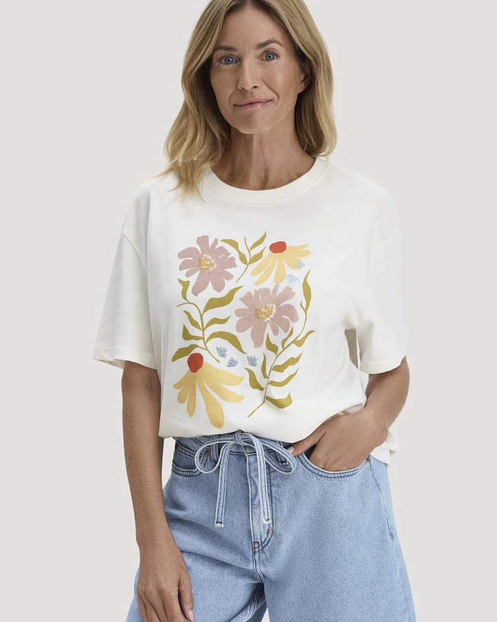 hessnatur Damen Print T-Shirt Oversize aus Bio-Baumwolle - weiß - Größe L