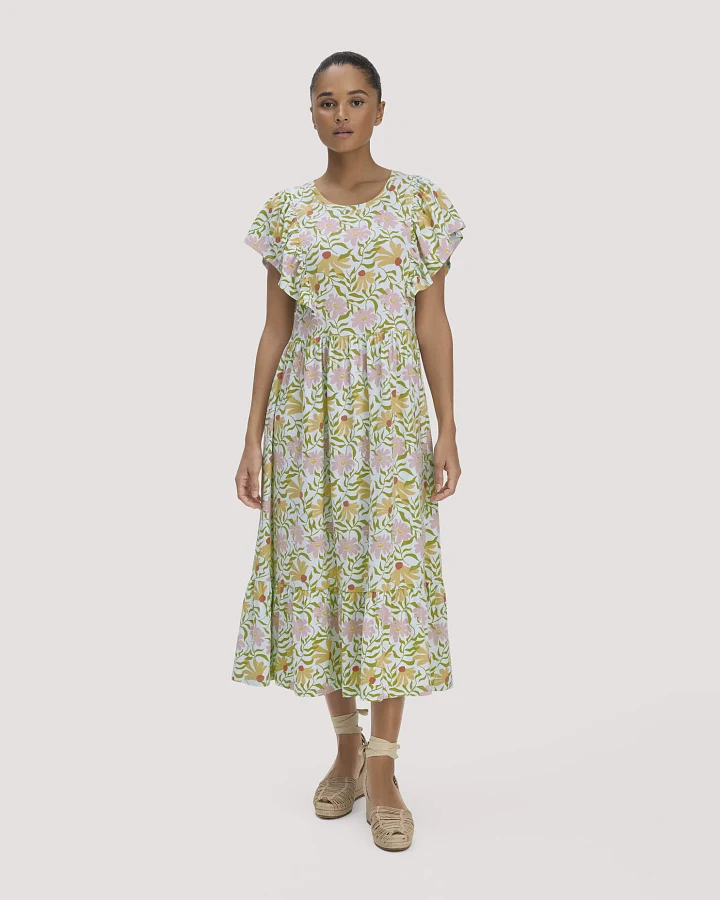 hessnatur Damen Print Jersey Kleid Midi Relaxed aus Bio-Baumwolle - blau - Größe 34