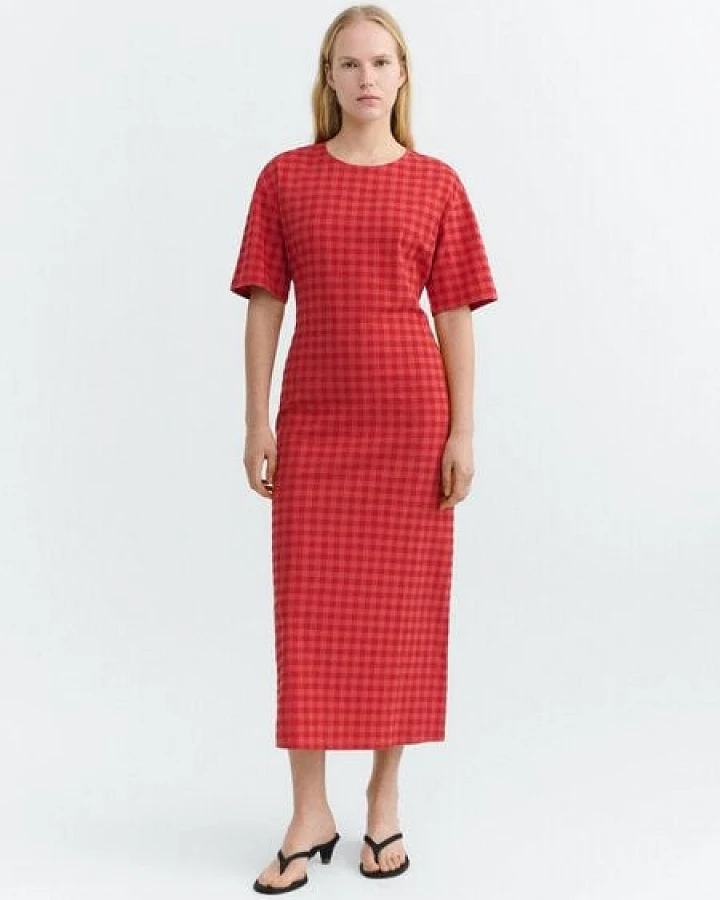 thinking mu RED CHECKS SEERSUCKER KINA DRESS