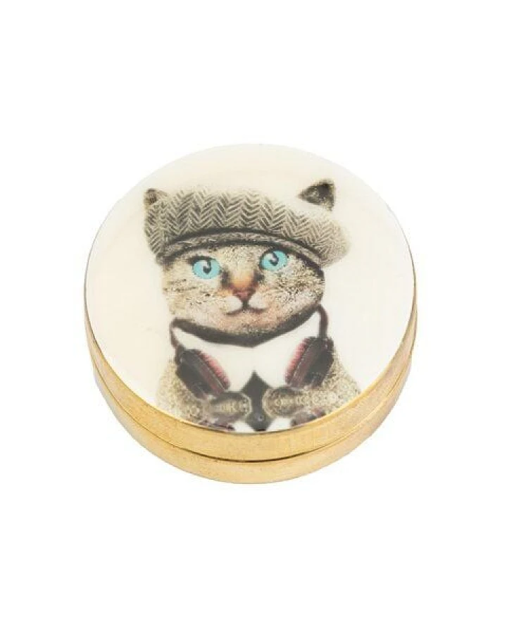 El Puente Dose aus Messing in Creme mit Katzen-Motiv