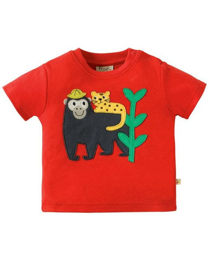 Frugi T-Shirt mit Gorilla und Tigerbaby-Applikation in Tomaten Rot