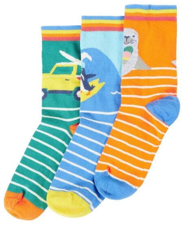 Frugi Kindersocken in Dreierpack mit Robbe und Surfbrett