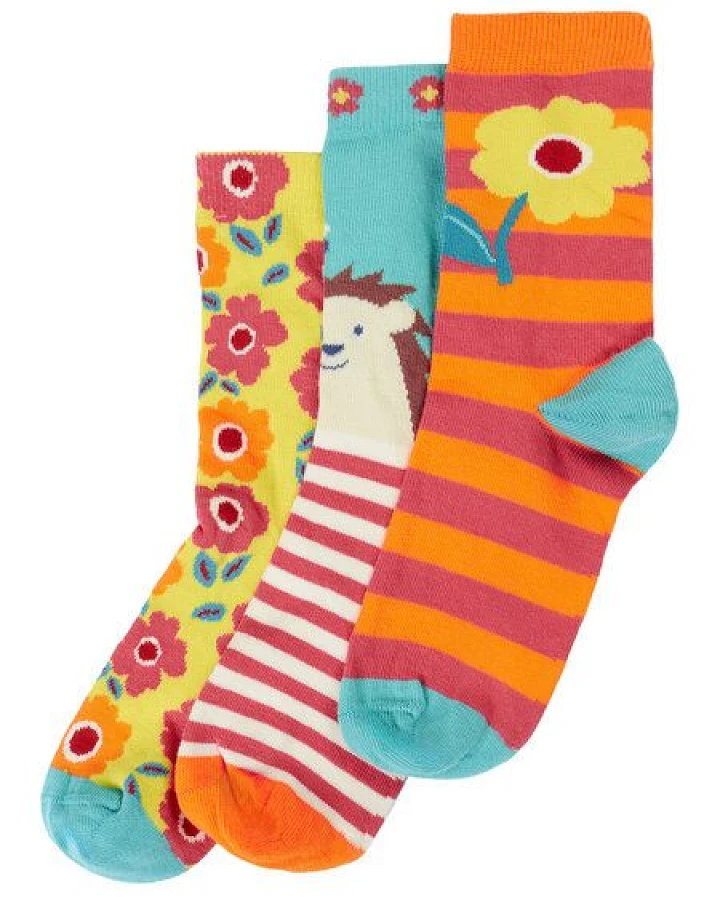 Frugi Kindersocken in Dreierpack mit Igel und Blumen