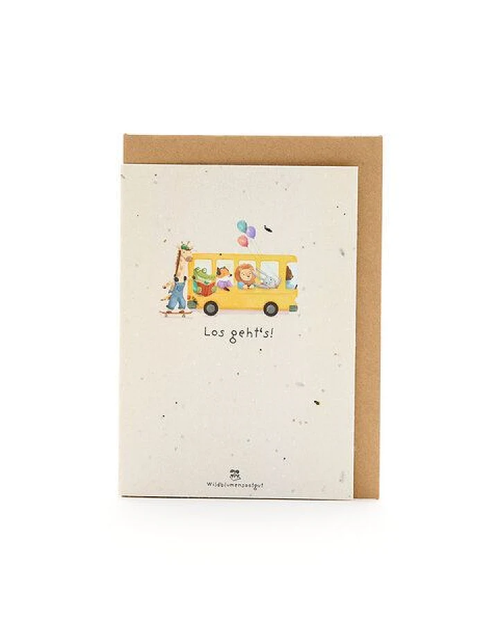 Die Stadtgärtner Wachsende Grußkarte zum Schulanfang I Back to School Karte „Los geht’s – Bus“ mit Saatpapier I Mit Wildblumen-Samen zum Einpflanzen I Grußkarte mit Umschlag I 10,5 x 14,8 cm (DIN A6) I Kreative Geschenkidee für Kinder, Schule & Schulalltag