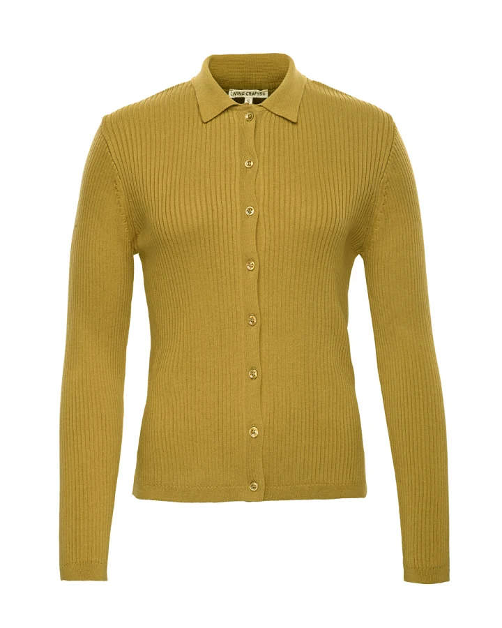 Damen Rippstrickjacke mit Polokragen Gelb