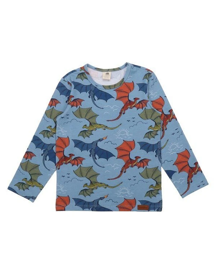 Langarmshirt Blau Bunter Drache-Allover Bio-Baumwolle GOTS – Walkiddy