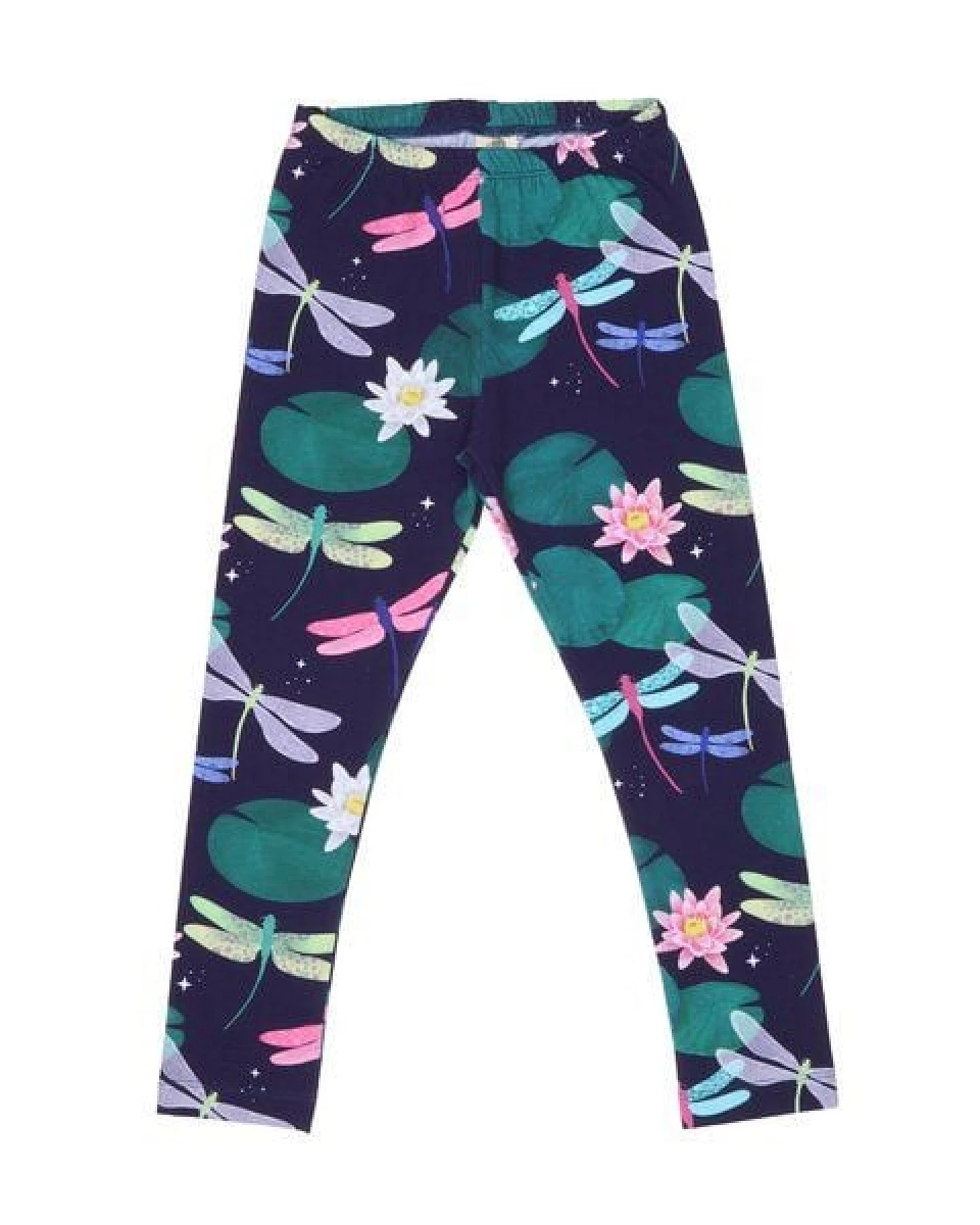 Leggings Dunkelblau Bunte Libellen-Allover Bio-Baumwolle GOTS – Walkiddy – Ansicht 2