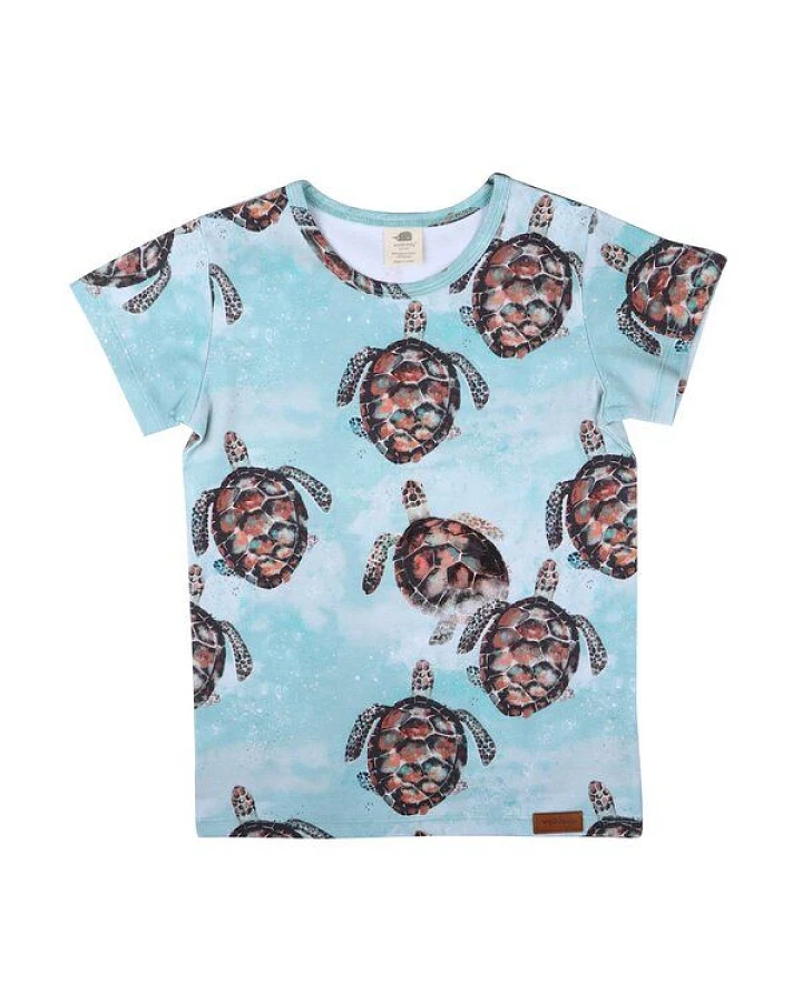 T-Shirt Hellblau Meeresschildkröten-Allover Bio-Baumwolle GOTS – Walkiddy