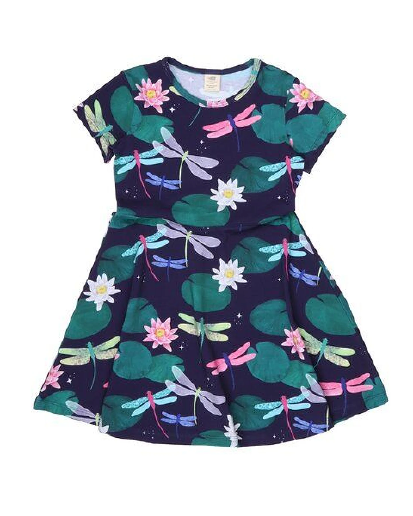 Kleid Dunkelblau Bunte Libellen-Allover Bio-Baumwolle GOTS – Walkiddy – Ansicht 3