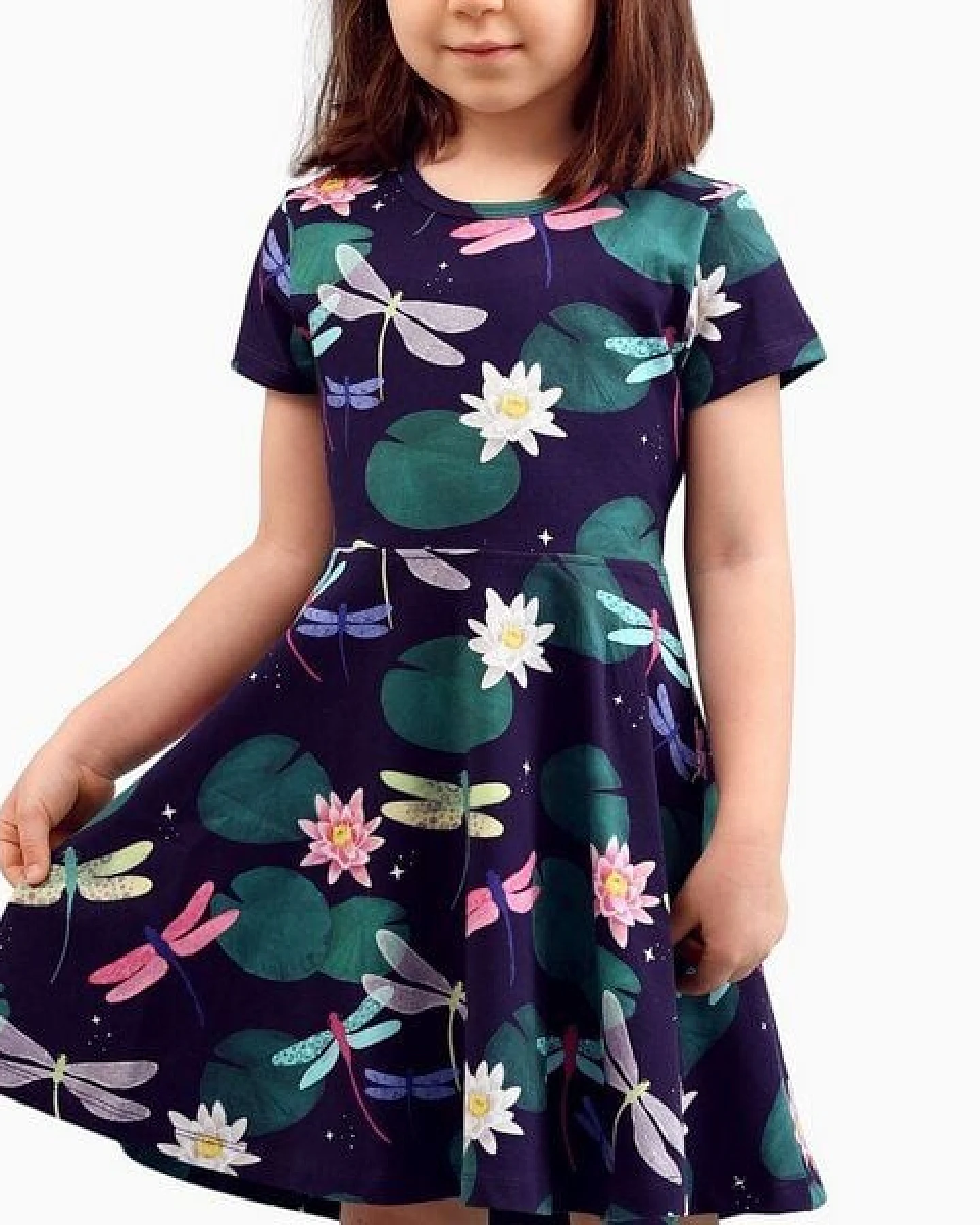 Kleid Dunkelblau Bunte Libellen-Allover Bio-Baumwolle GOTS – Walkiddy – Ansicht 2