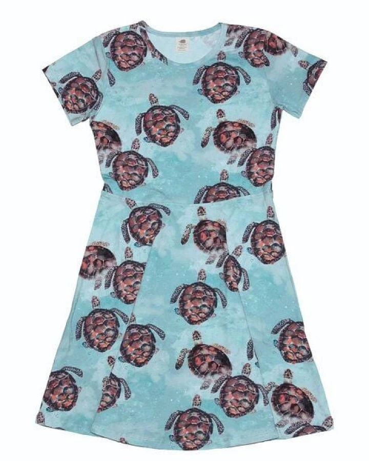 Kleid Hellblau Meeresschildkröten-Allover Bio-Baumwolle GOTS – Walkiddy
