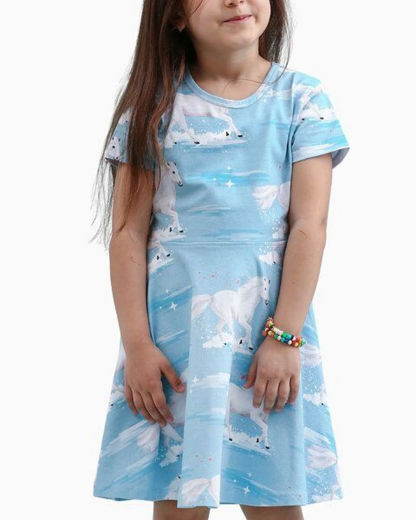 Kleid Hellblau Weiße Pferde-Allover Bio-Baumwolle GOTS – Walkiddy – Ansicht 2