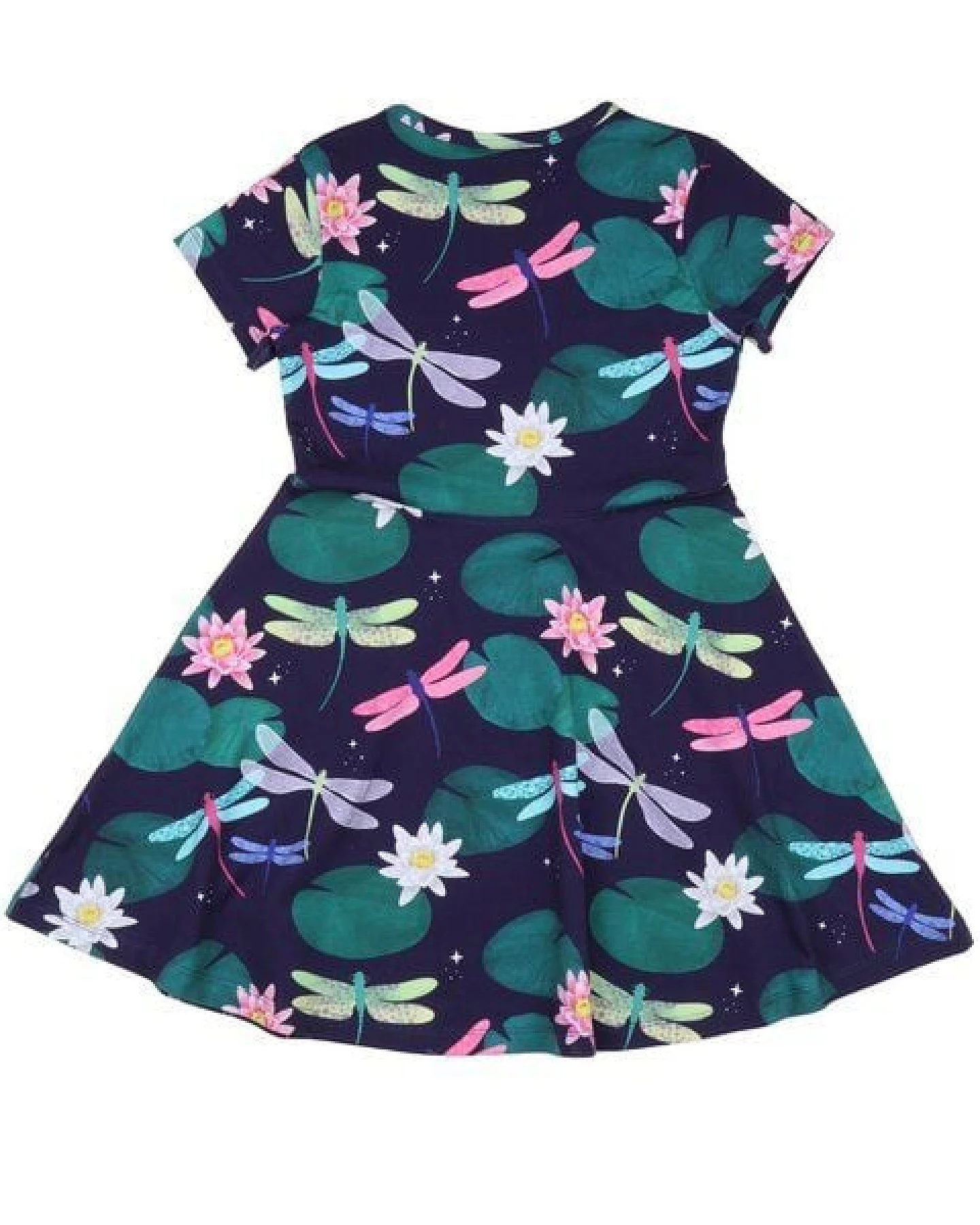 Kleid Dunkelblau Bunte Libellen-Allover Bio-Baumwolle GOTS – Walkiddy – Ansicht 4