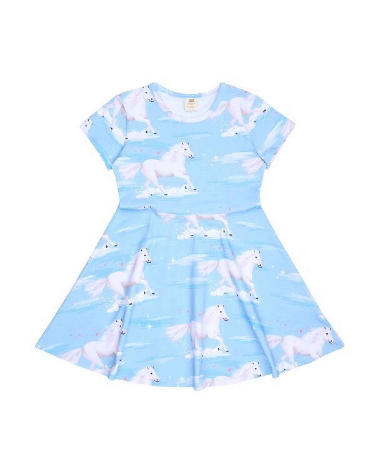 Kleid Hellblau Weiße Pferde-Allover Bio-Baumwolle GOTS – Walkiddy – Ansicht 3