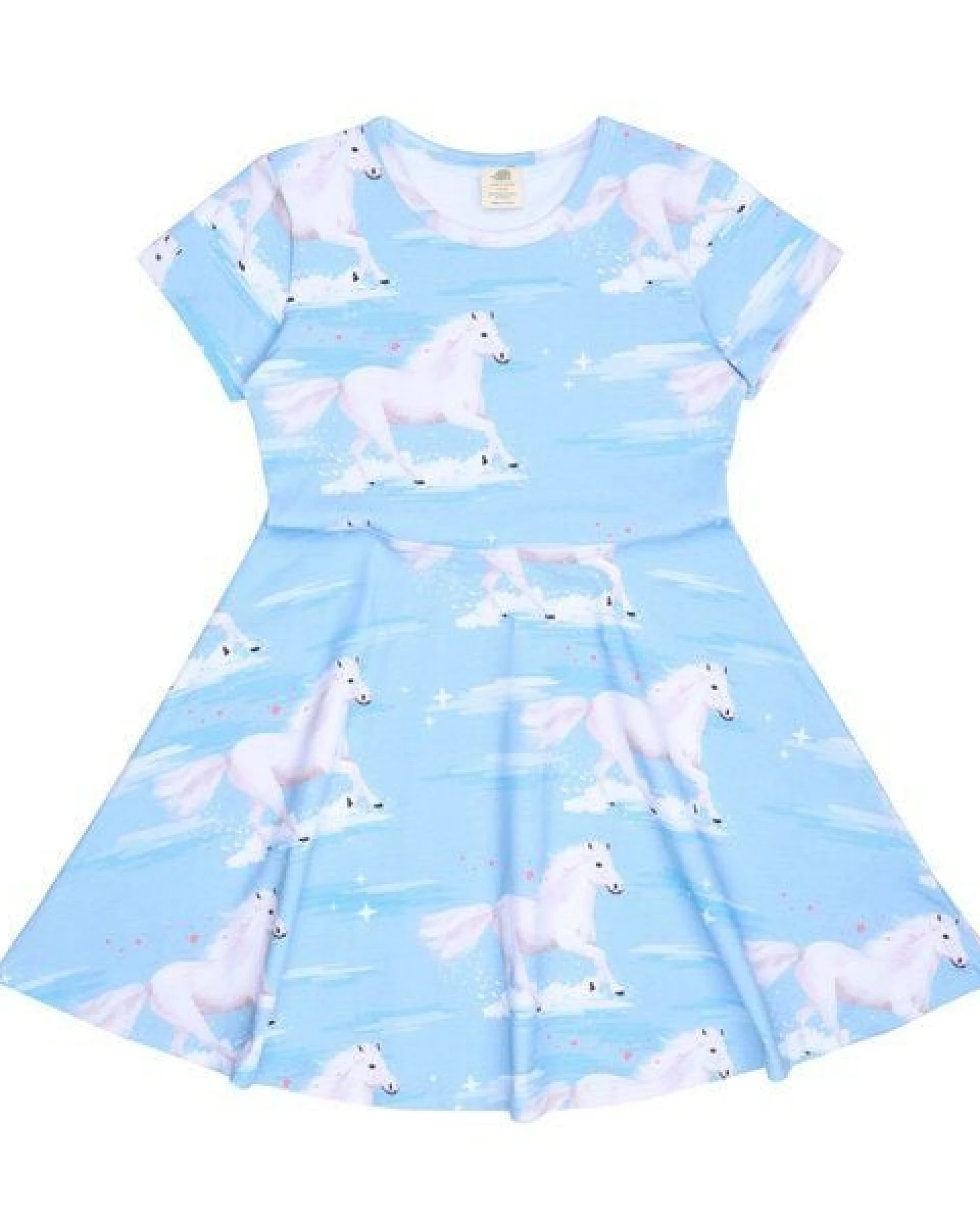 Kleid Hellblau Weiße Pferde-Allover Bio-Baumwolle GOTS – Walkiddy – Ansicht 3