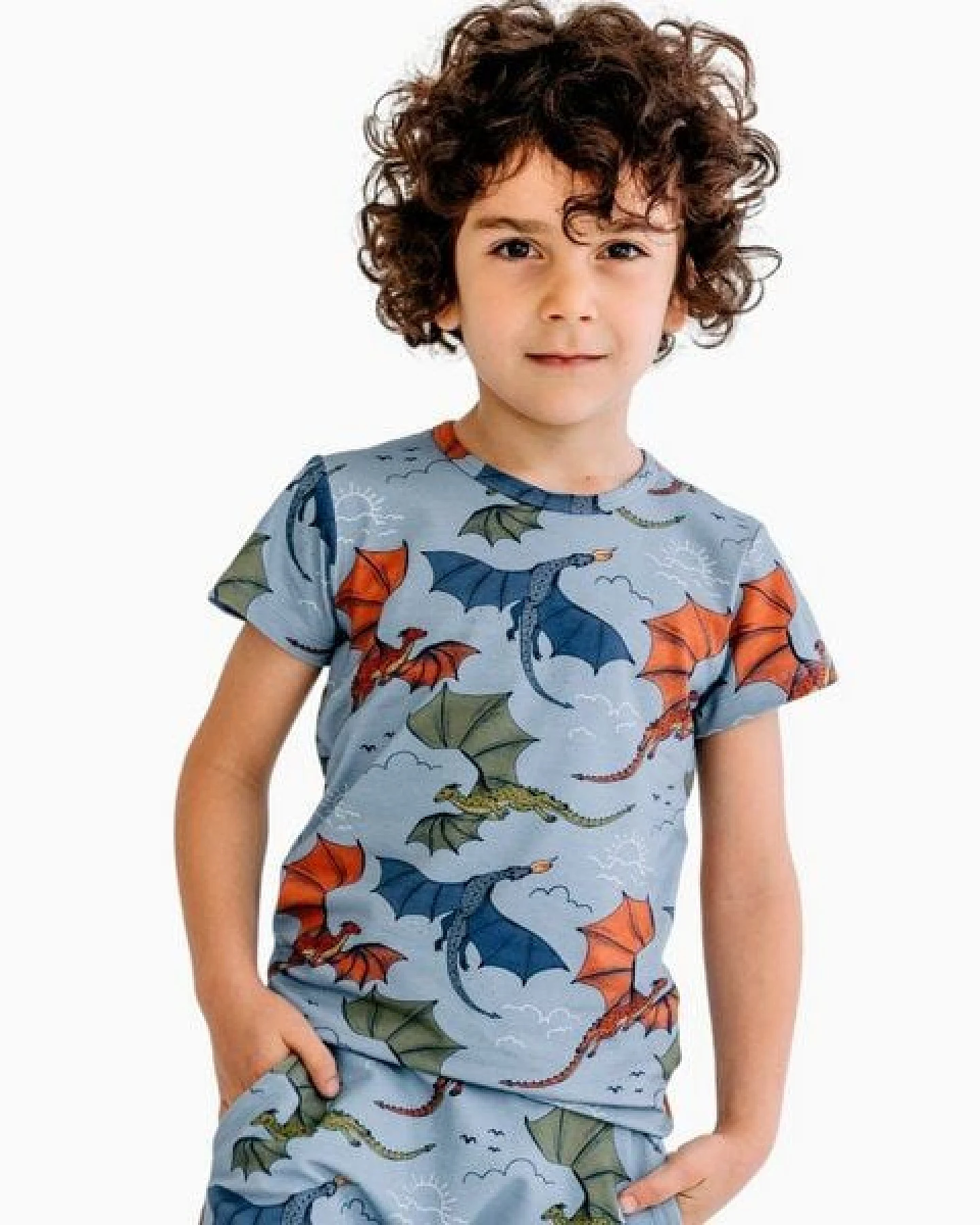 T-Shirt Hellblau Bunter Drache-Allover Bio-Baumwolle GOTS – Walkiddy – Ansicht 2