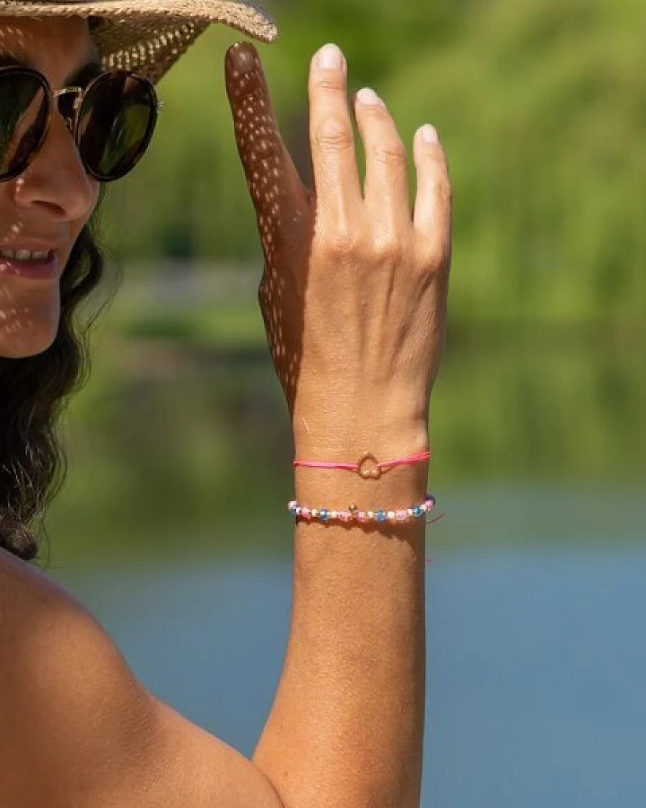 juni Sommer Armbänder Set "Azzurro" - Herz Stoffarmbändchen in blau oder pink mit Perlenarmband