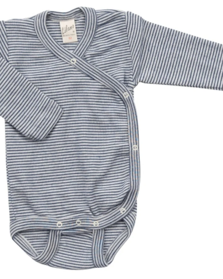 Lilano Baby Wickelbody Langarm Wolle Seide blau-geringelt Gr.56