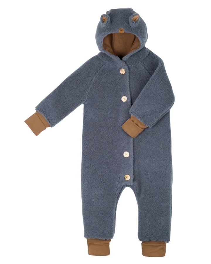 PURE PURE by Bauer Baby Overall mit Kapuze Bio-Schurwolle Plüsch storm-blue Gr.74/80