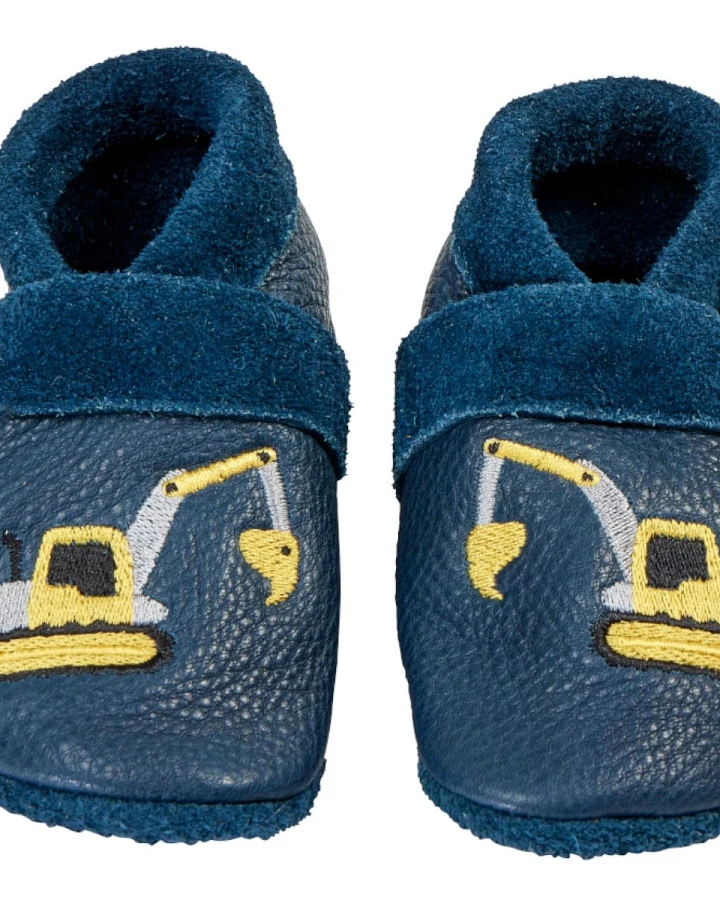 Baby und Kinder Hausschuhe Krabbelschuhe Ecopell Leder Bagger blau Gr. 18/19