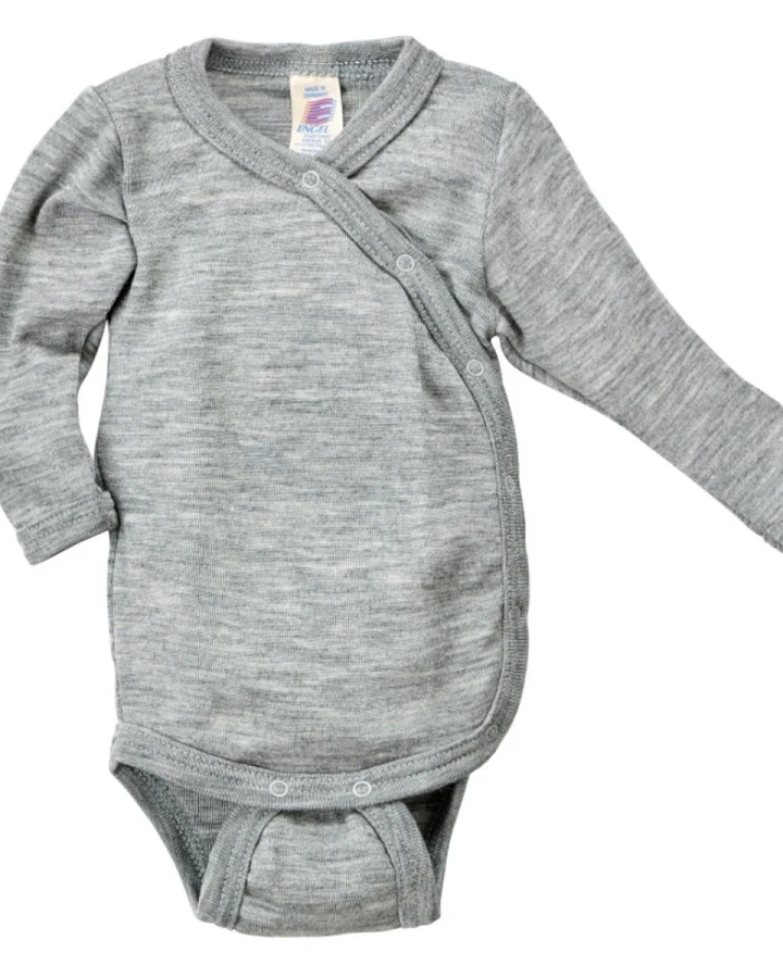 Engel Natur Baby Wickelbody Langarm Wolle Seide hellgrau melange Gr. 50/56