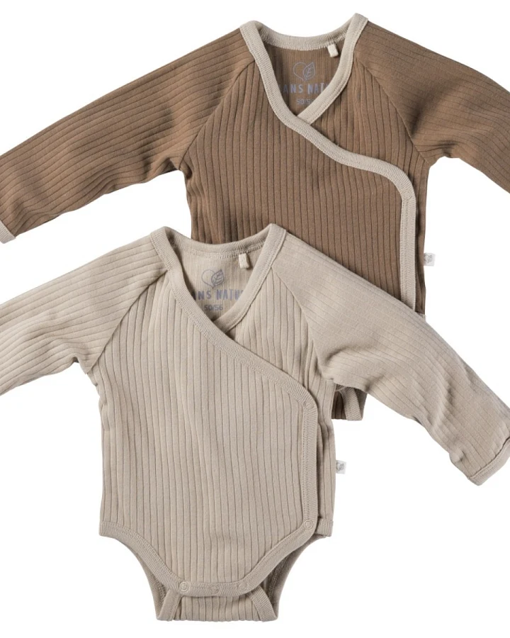 Baby Wickelbody Langarm Bio-Baumwolle 2er Set beige-braun Gr. 50/56