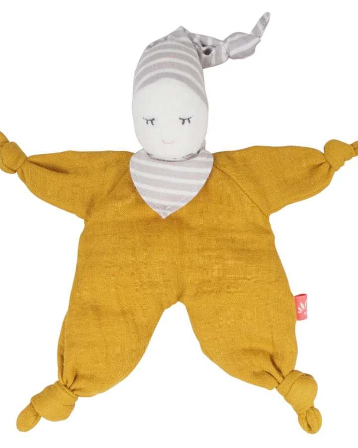 Baby Puppe und Schnuffeltuch Bio-Baumwolle mustard Maße 22 x 13 x 5 cm