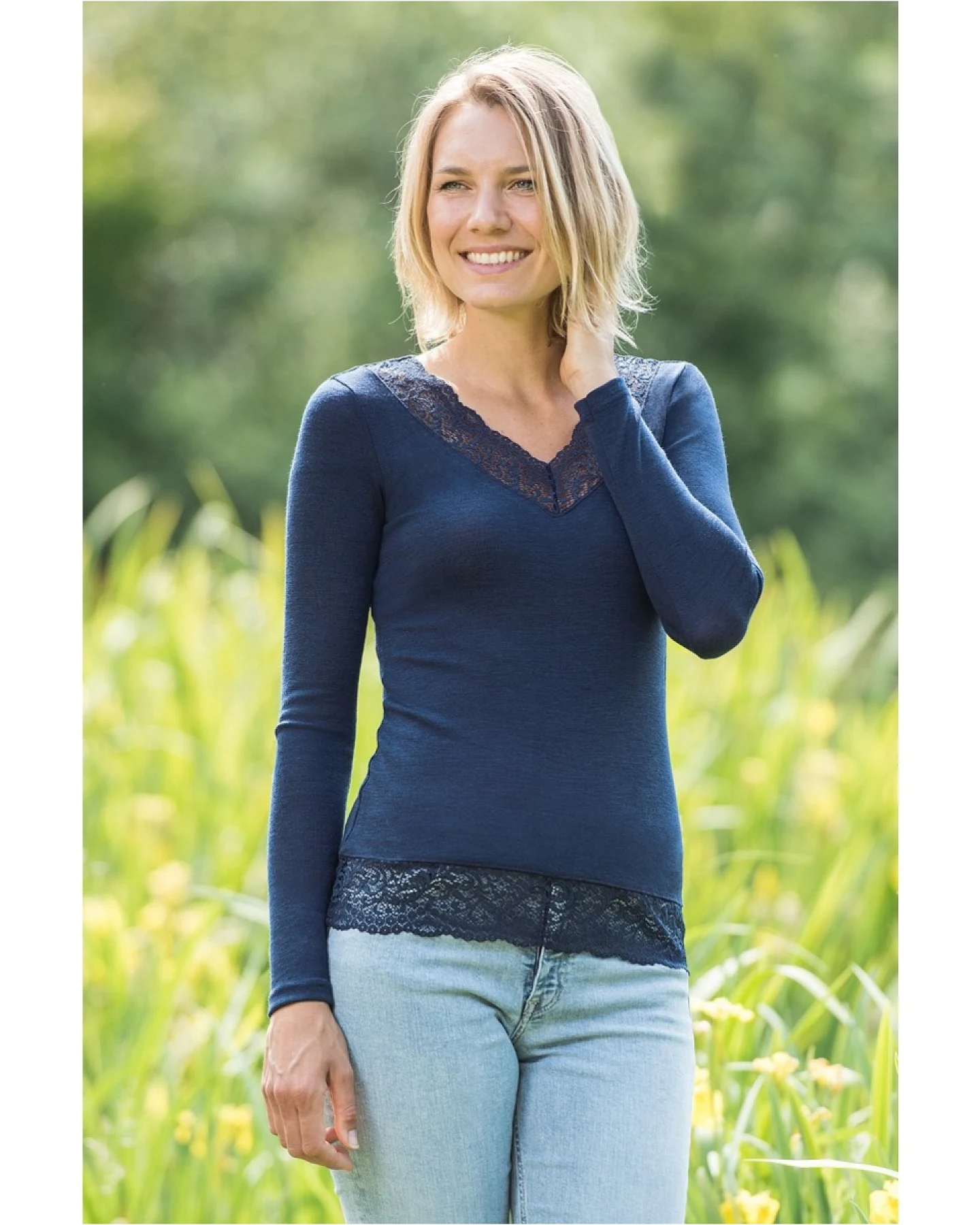 Engel Natur Damen Langarmshirt mit Spitze Wolle Seide marine Gr. 34/36 – Ansicht 2
