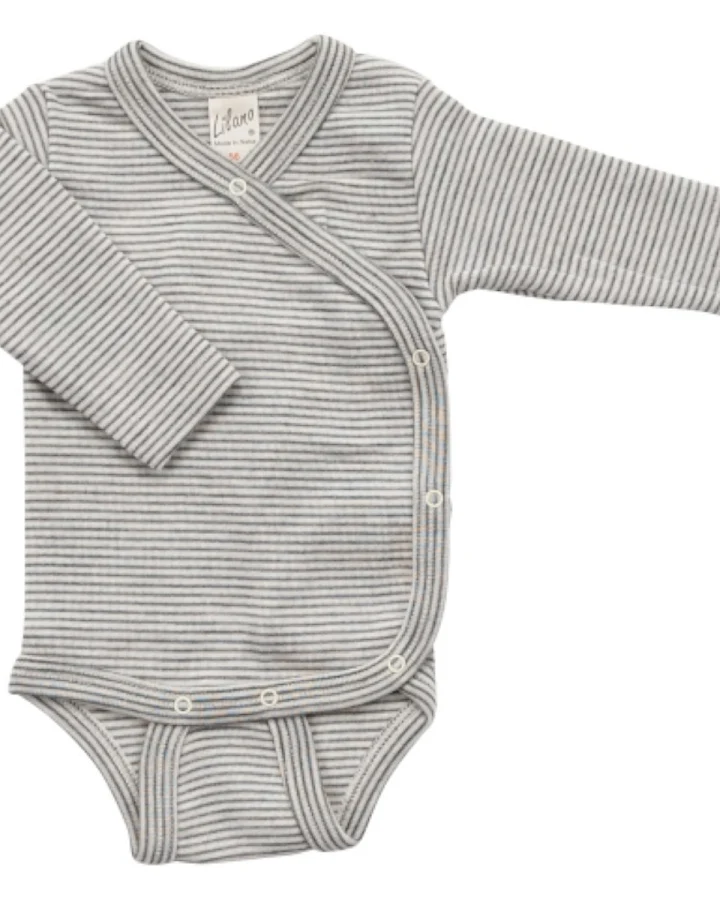 Lilano Baby Wickelbody Langarm Wolle Seide grau-geringelt Gr.56