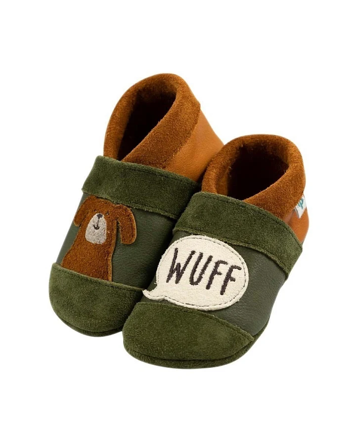Baby und Kinder Lederpuschen Krabbelschuhe Hund olive Gr.26