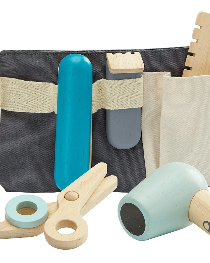 PlanToys Kinder Friseur Set mit Zubehör aus Kautschukholz Maße 12,5 x 23 cm