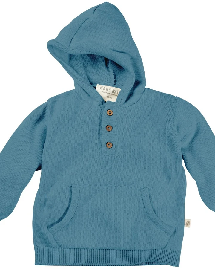 Kinder Pullover mit Kapuze Strick Bio-Baumwolle blau Gr.98/104