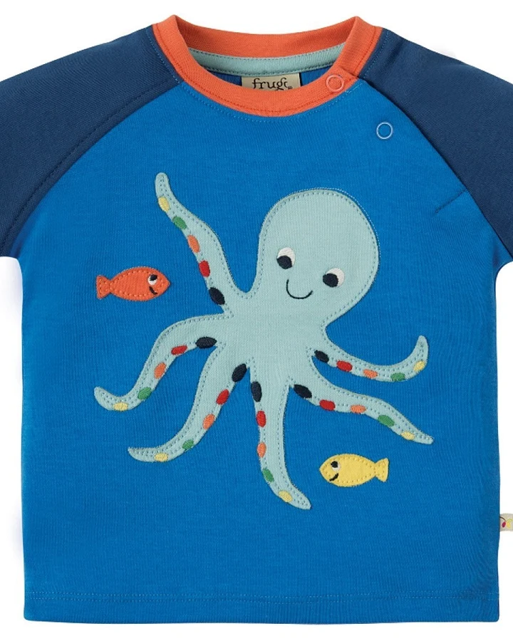 Frugi Baby und Kinder T-Shirt Oktopus blau Gr.2 (3-6 Monate)