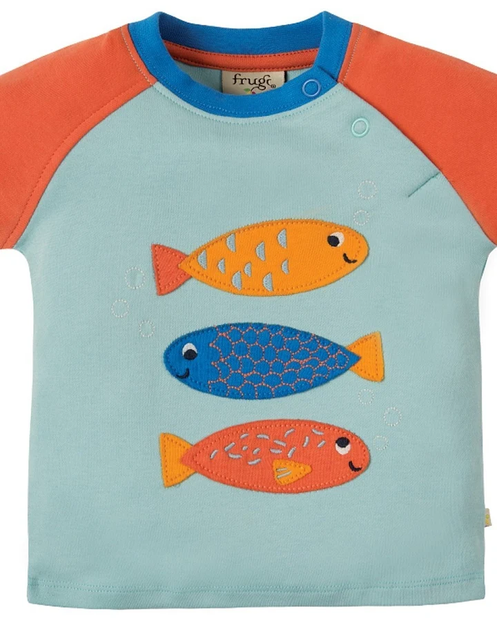 Frugi Baby und Kinder T-Shirt Fische mint Gr.2 (3-6 Monate)