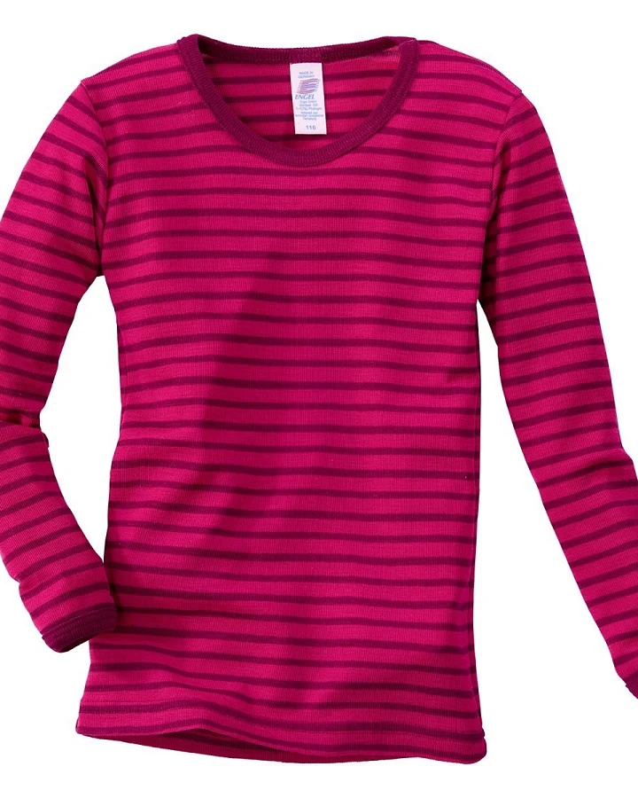 Engel Natur Kinder Langarmshirt Unterhemd Wolle Seide himbeere-geringelt Gr.92