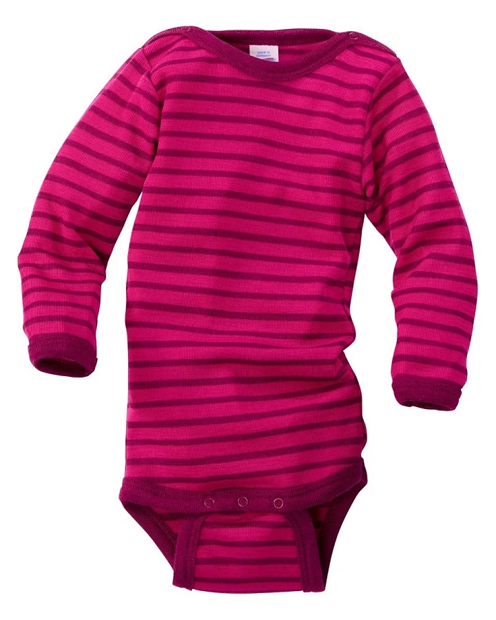 Engel Natur Baby Body Langarm Wolle Seide himbeere-geringelt Gr.74/80