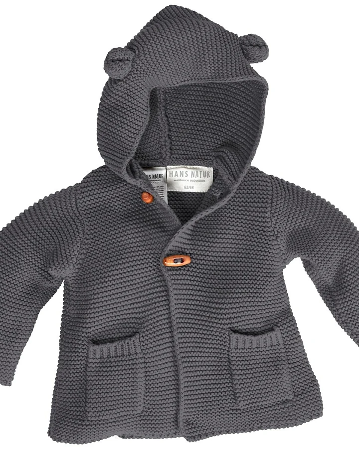 Baby und Kinder Strickjacke mit Kapuze Bio-Baumwolle dunkelgrau Gr.98/104